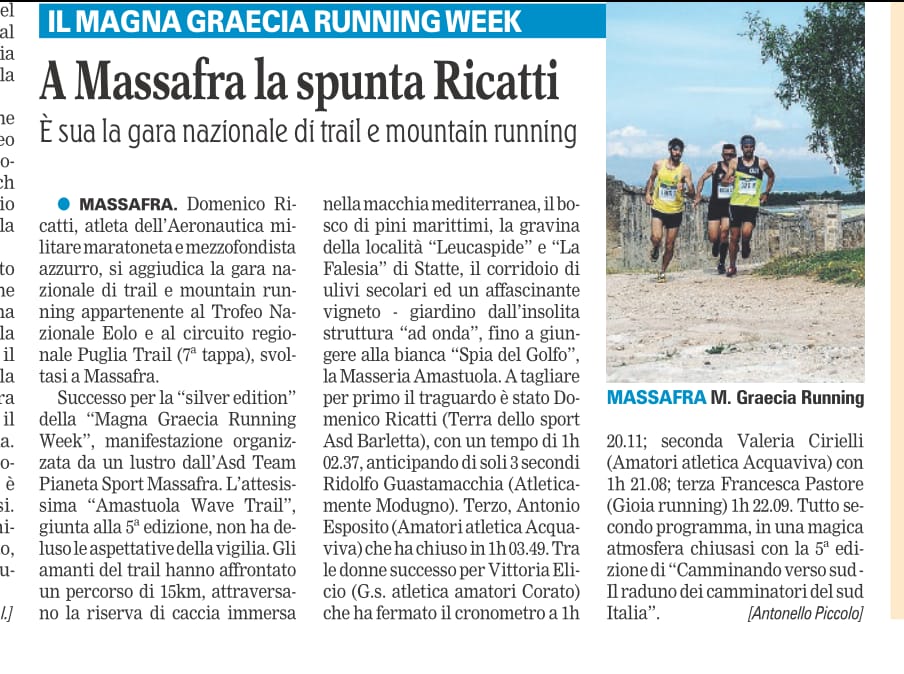 Gazzetta del Mezzogiorno - articolo Amastuola Trail Massafra